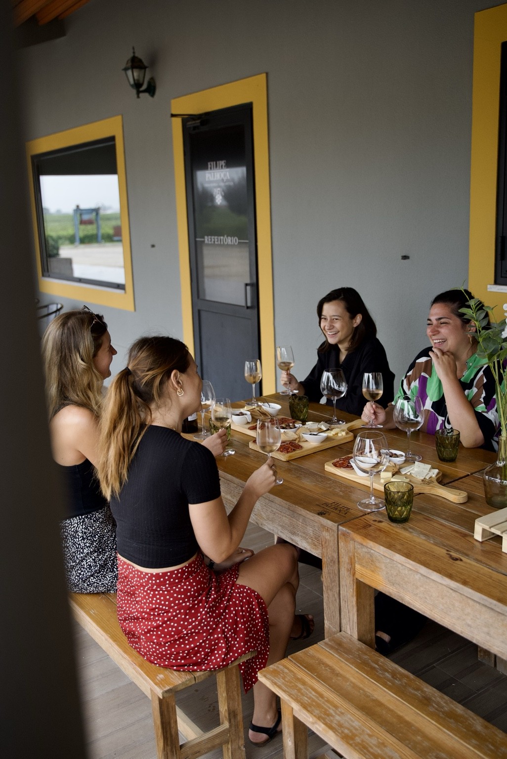 Guests enjoying a hosted wine tasting at a family winery on Portugal's Setúbal Peninsula.